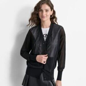 DKNY Womens Button-Front Lightweight Sheer Cardigan Black Szs L/M NWT